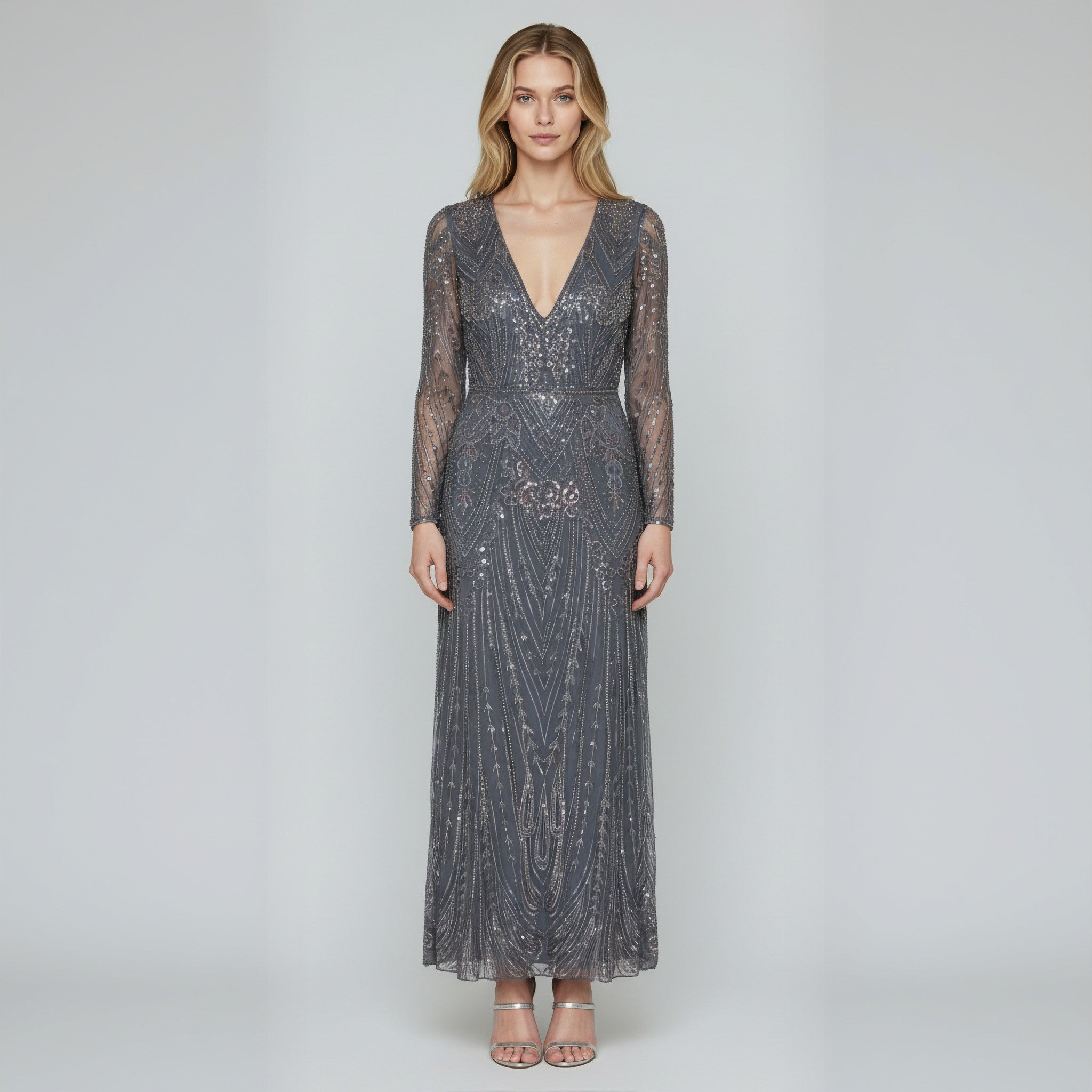 Long, dark gray beaded dress