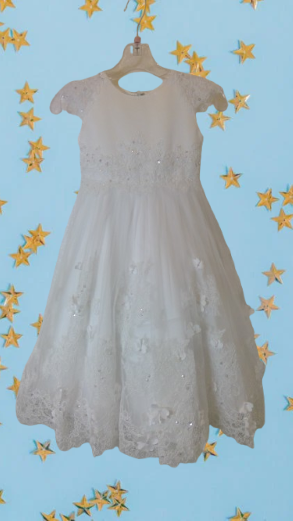 White dress with floral lace details for small girl