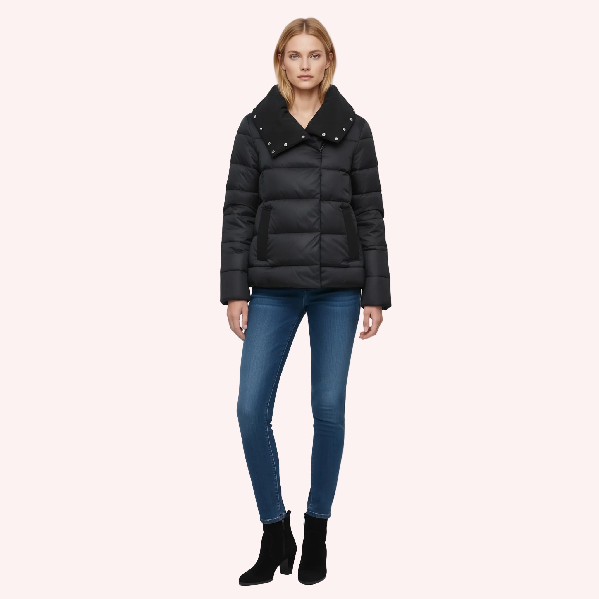 Black puffer jacket with studded details