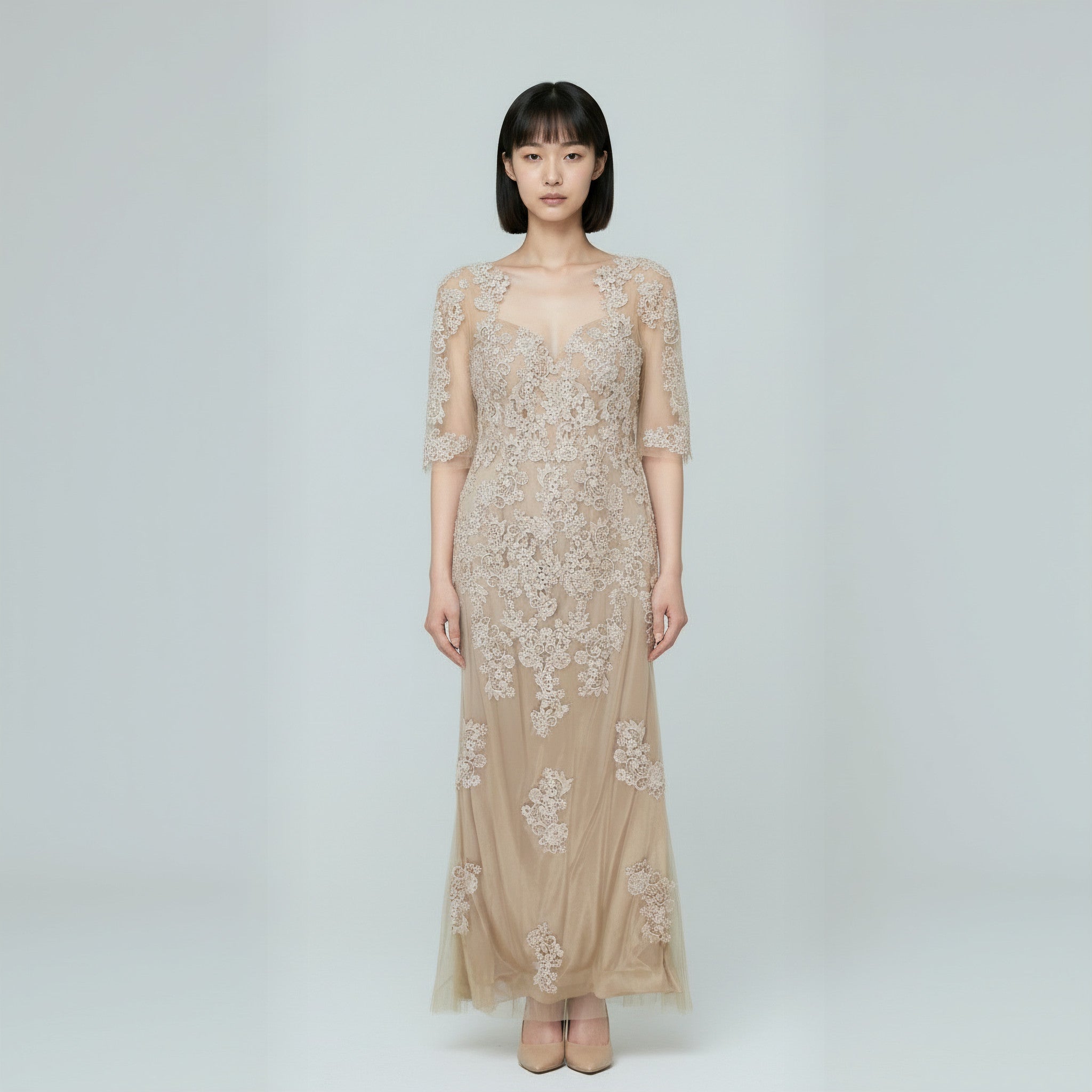 beige floral embroidered dress