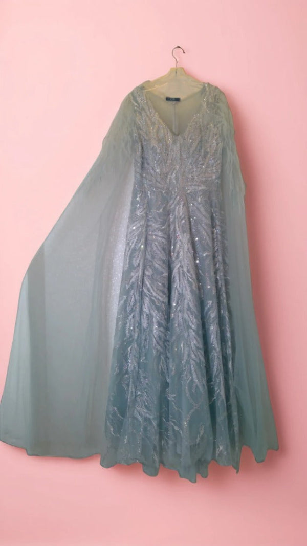 Light blue evening gown with lace details