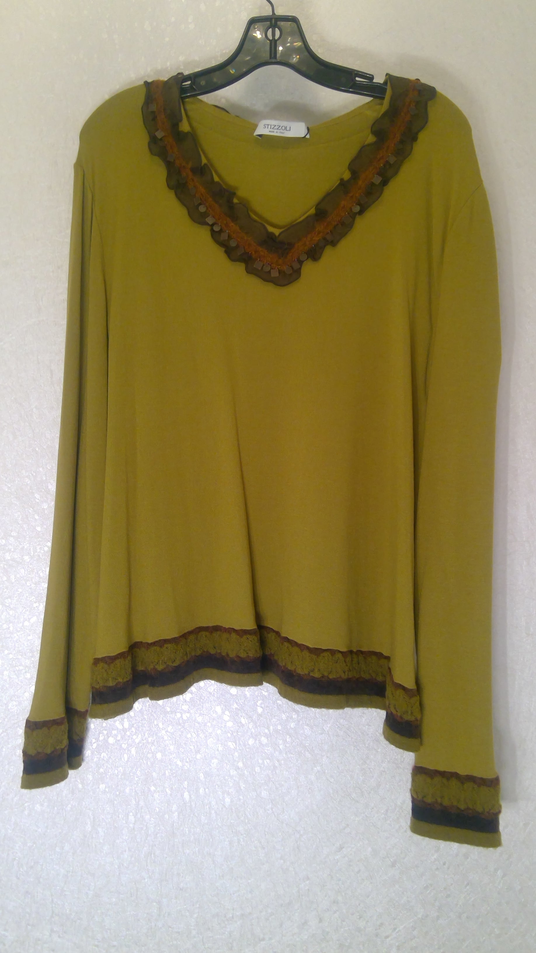 Mustard yellow top with decorative trim stylish, fashionable  blouse for any occasion