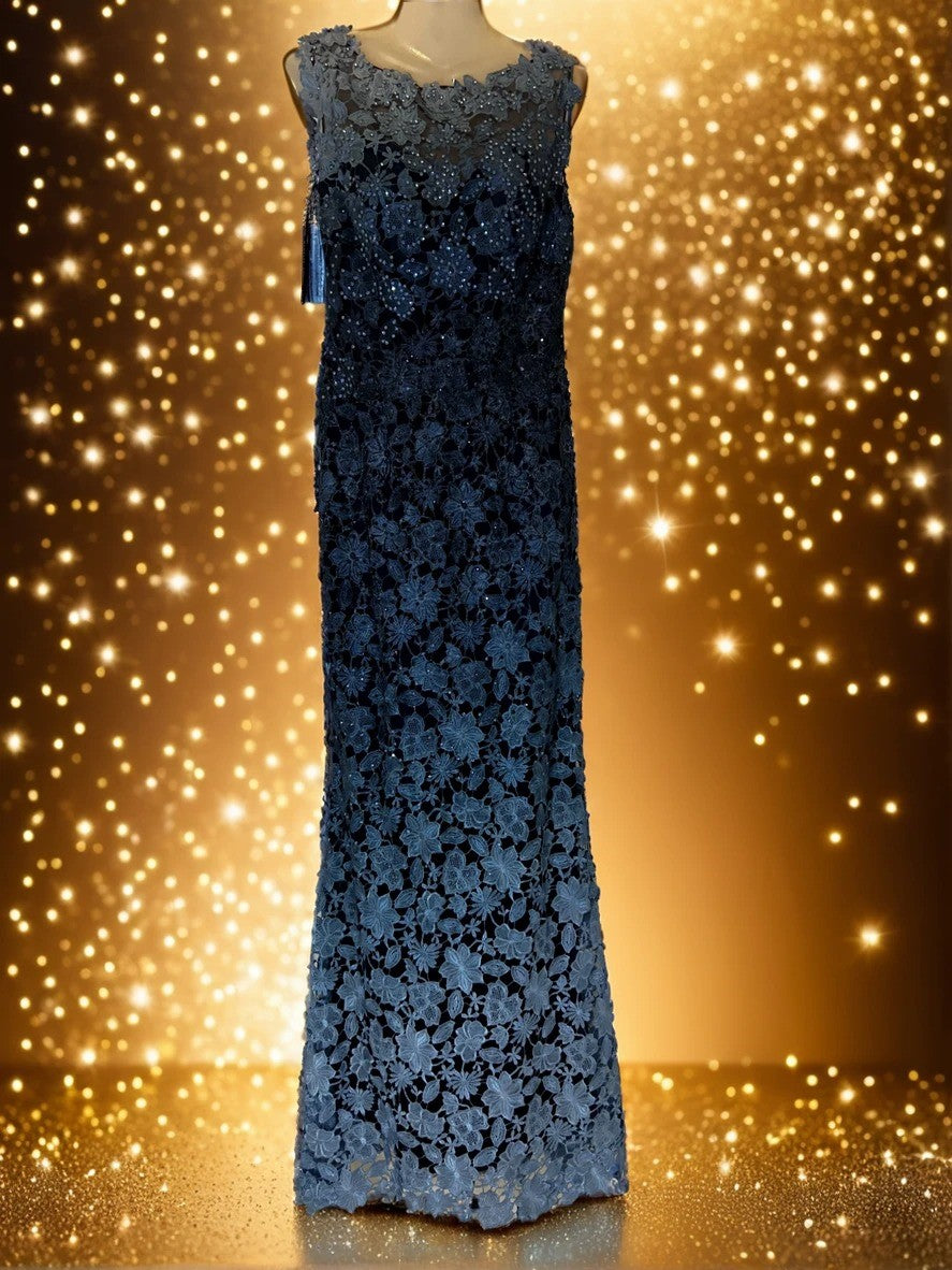 Blue lace evening gown
