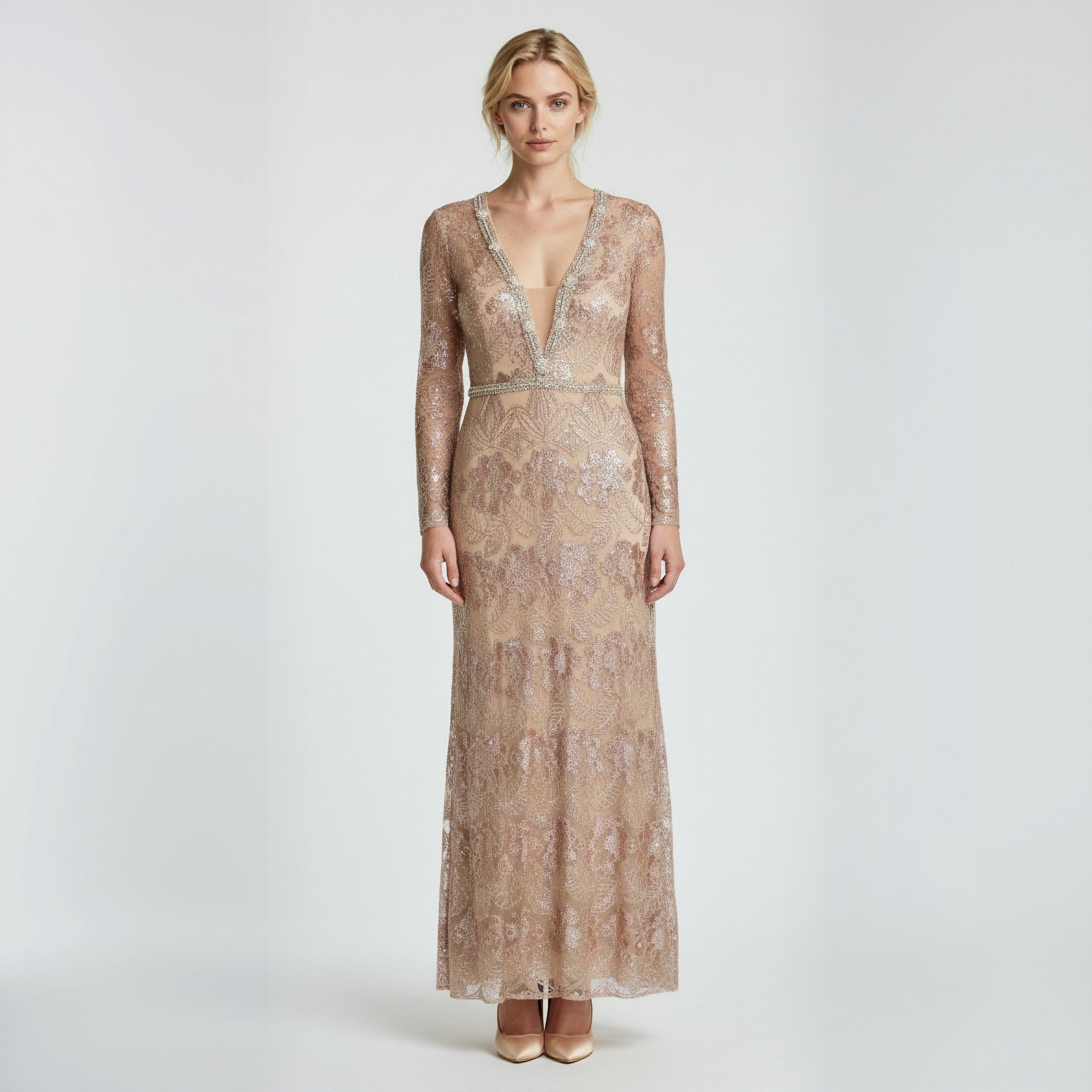 Long, elegant dress with a deep neckline