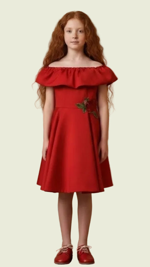 Red off-shoulder dress with a floral detai