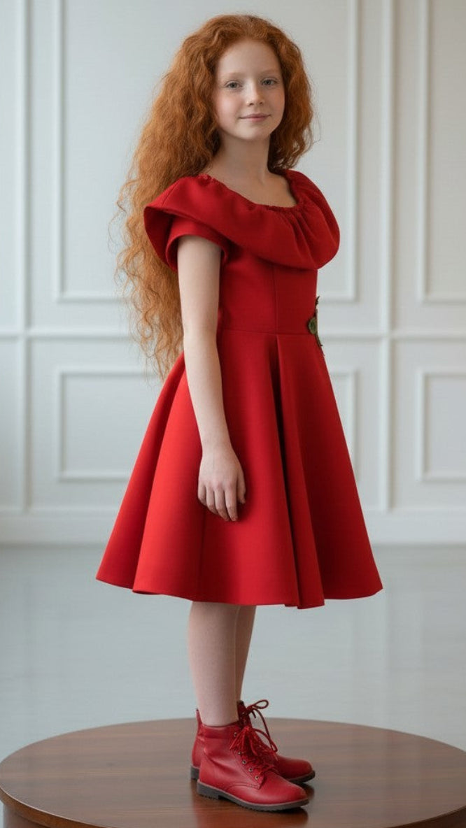 Red off-shoulder dress with a floral detai