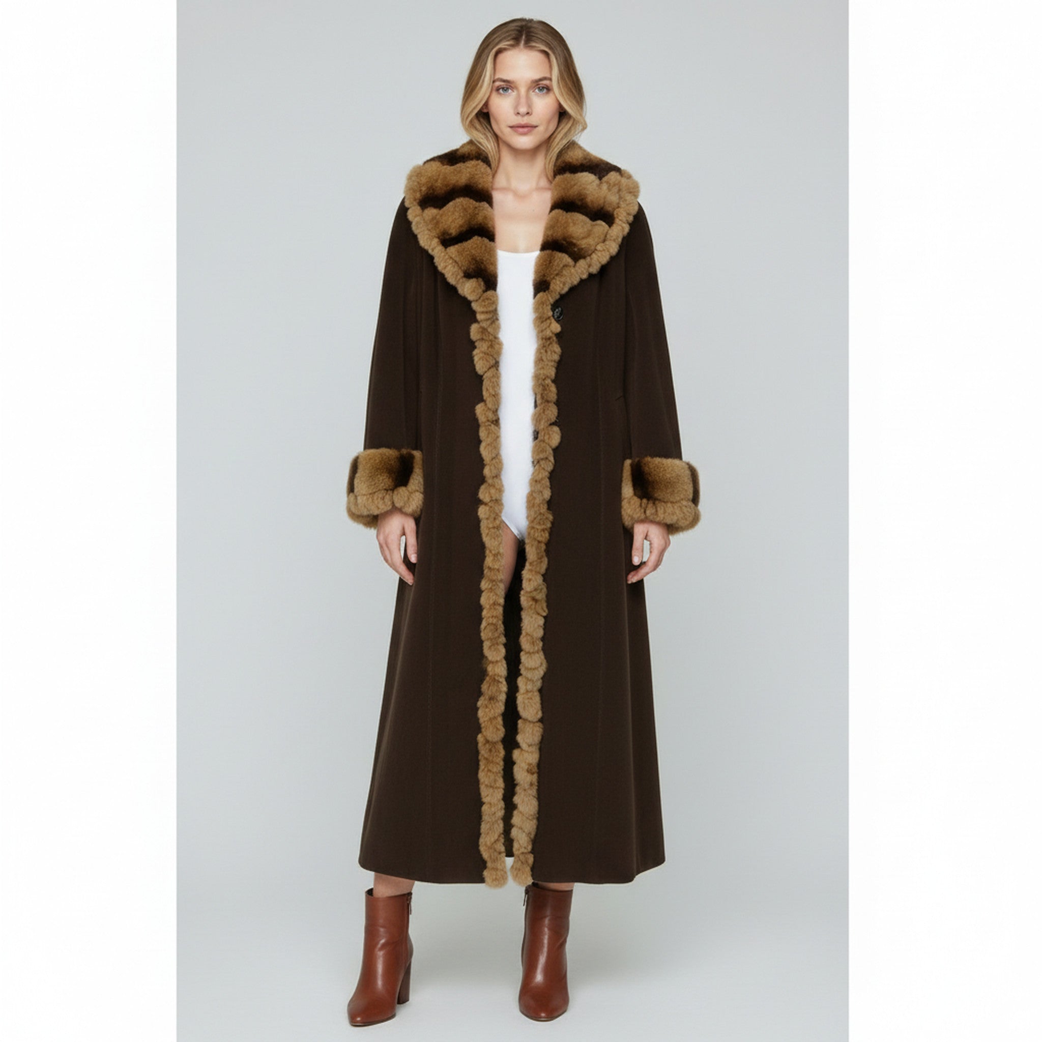 Long brown coat with fur trim