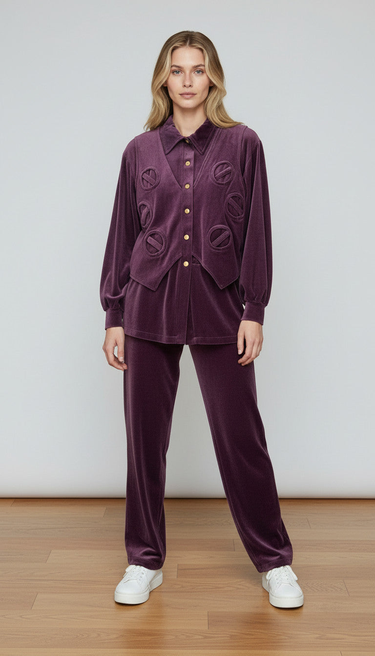 Purple velvet outfit with a matching cardigan and pants