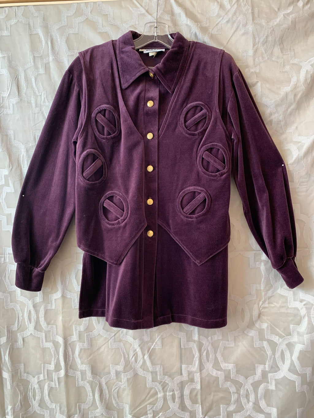 Purple velvet outfit with a matching cardigan and pants