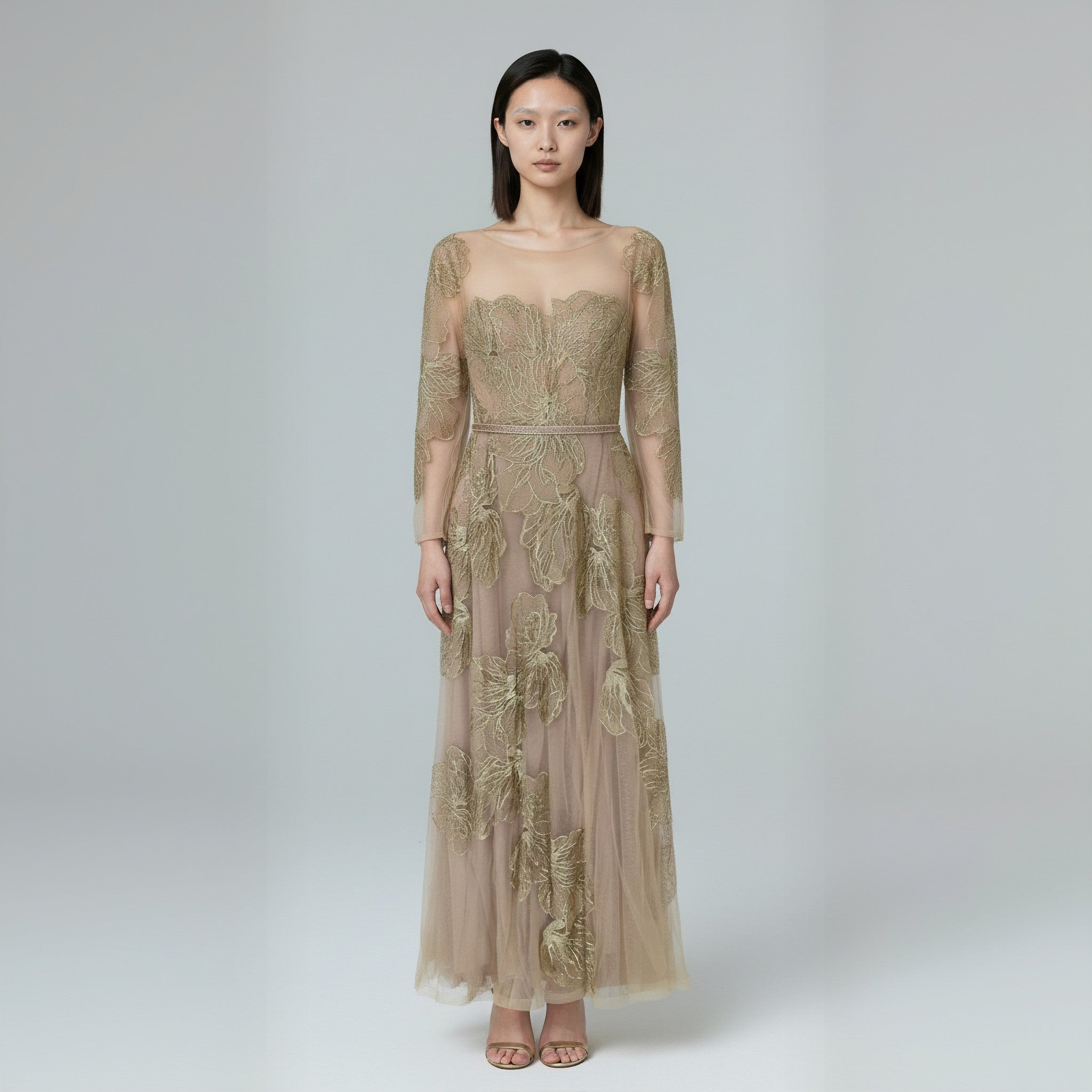 Beige evening gown with floral lace details for any evening events