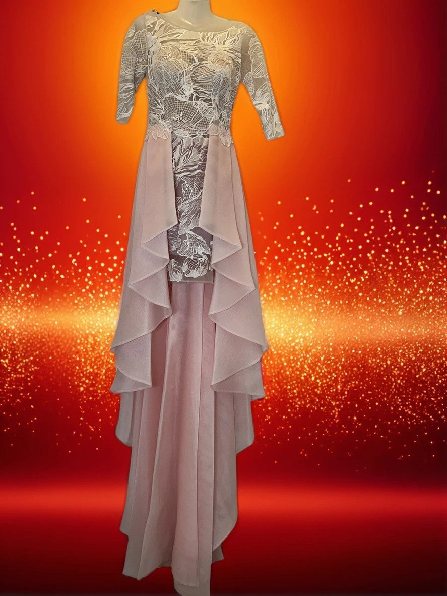 Long dress with lace top and layered skirt for evening party