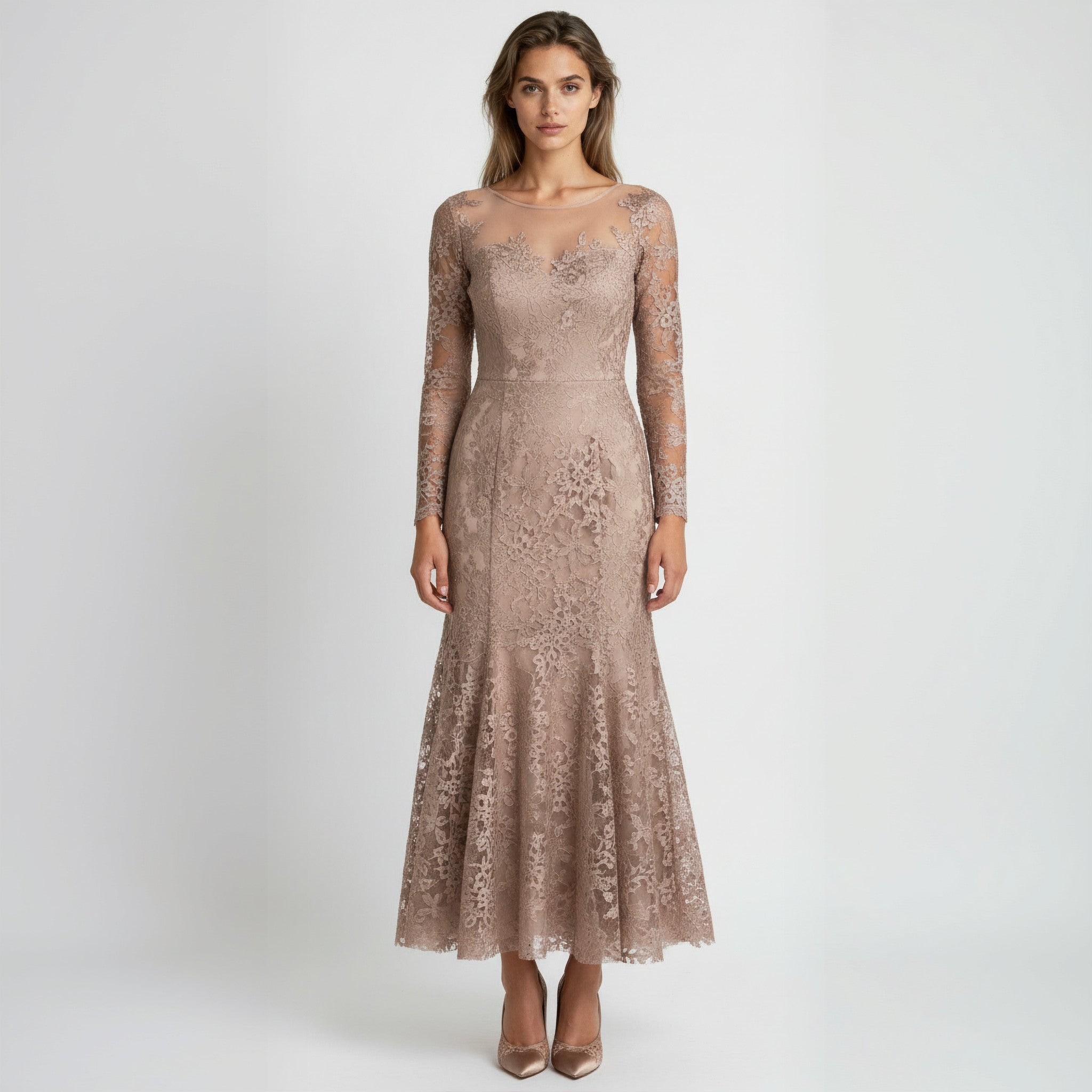 Long, lace dress with sheer sleeves