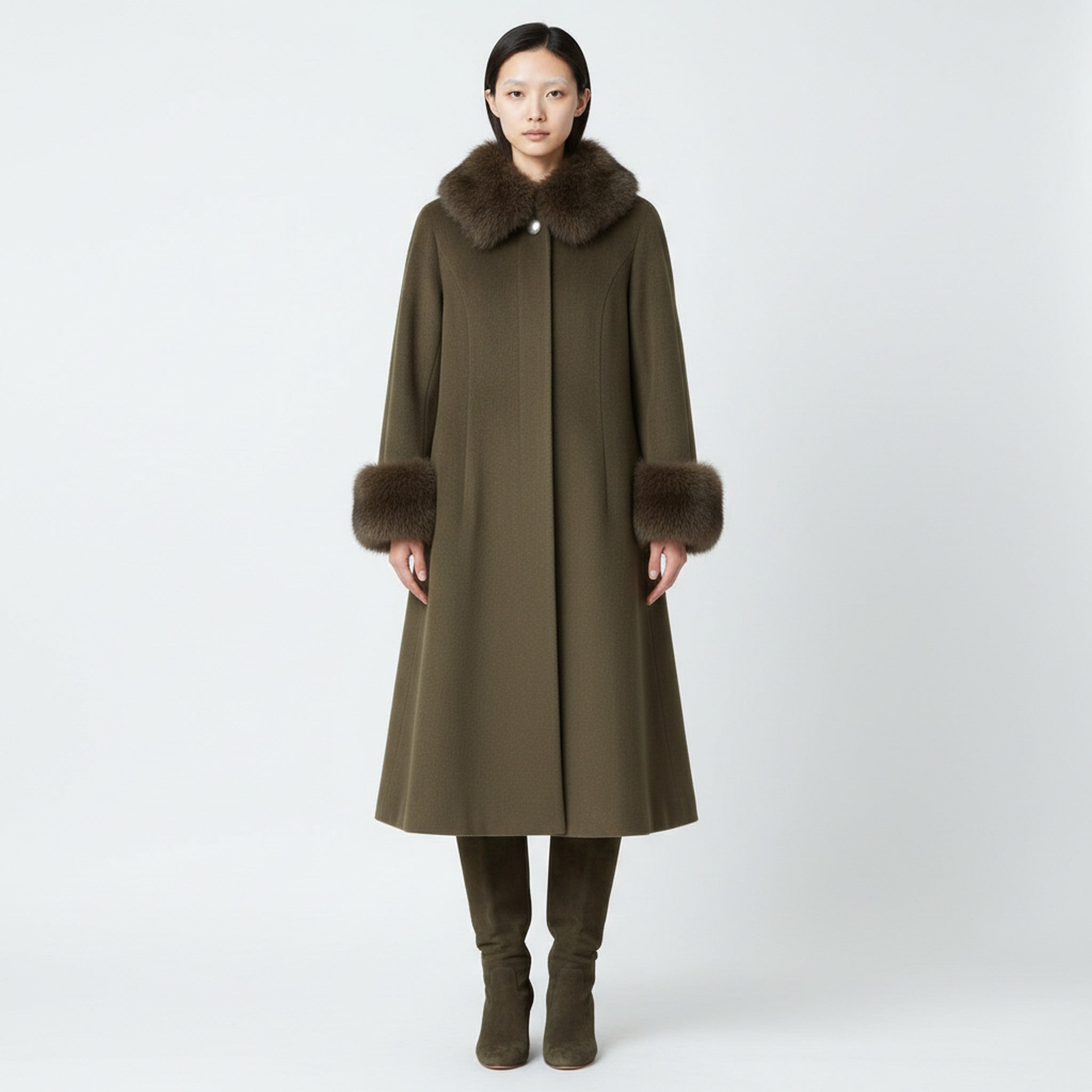 Long olive green coat with fur trim