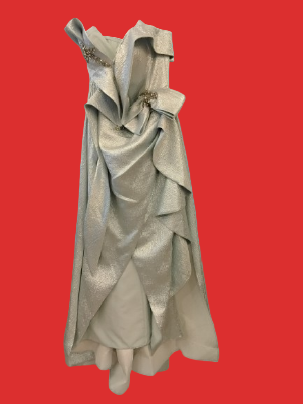 Silver evening gown with ruffled details