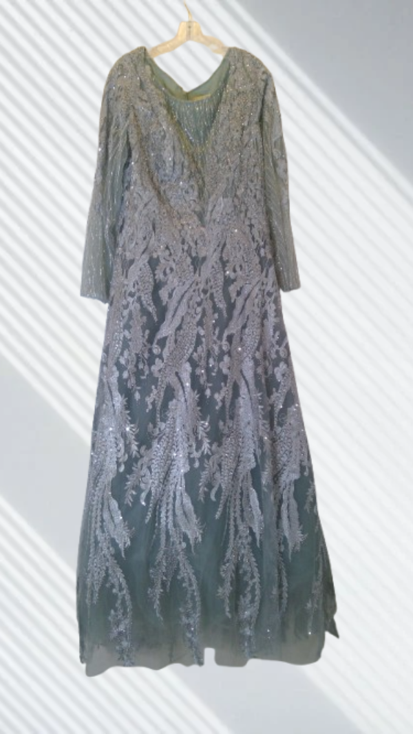 Long, patterned slate color dress for any party