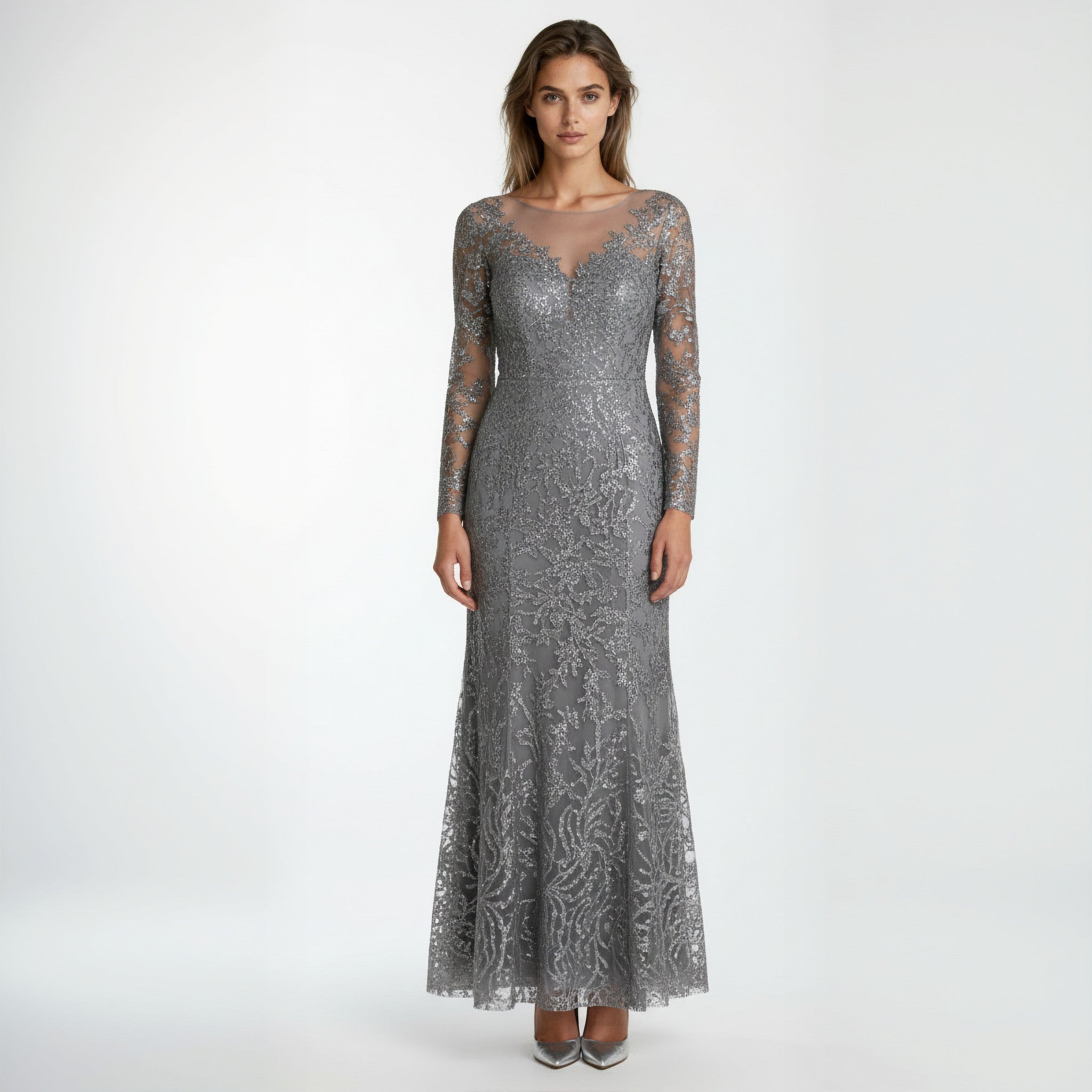 Silver lace evening gown