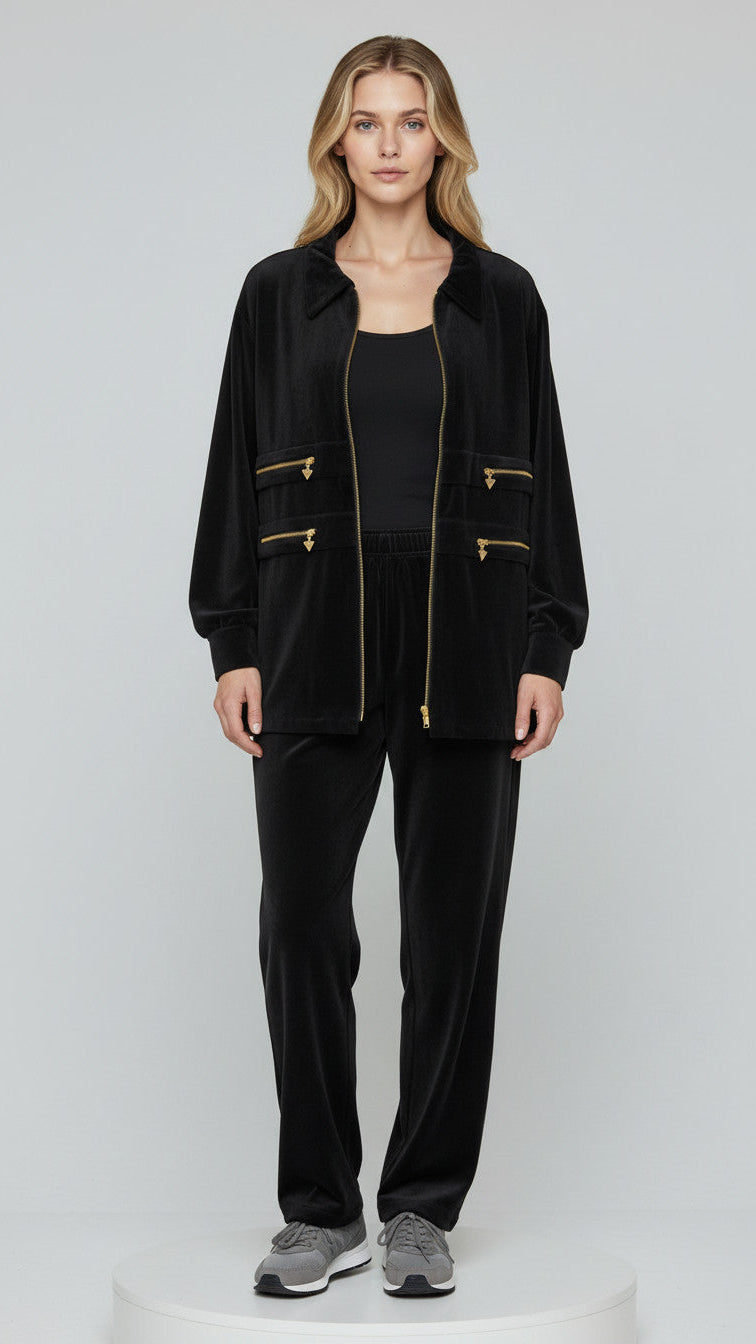 Black outfit with gold zippers
