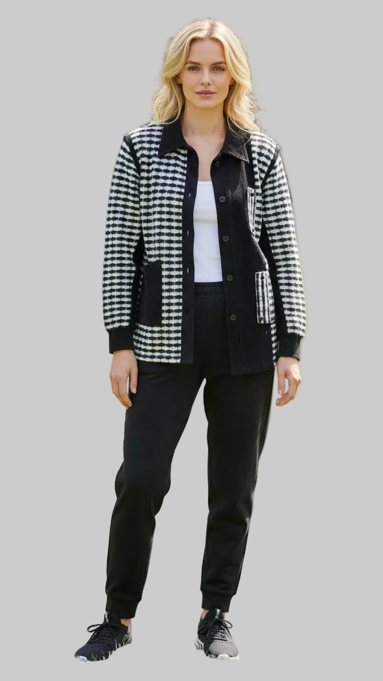 Black and white checkered jacket and black pants
