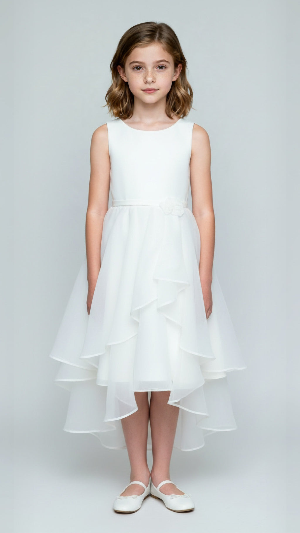 A smart, artistically patterned white dress for girl for any event