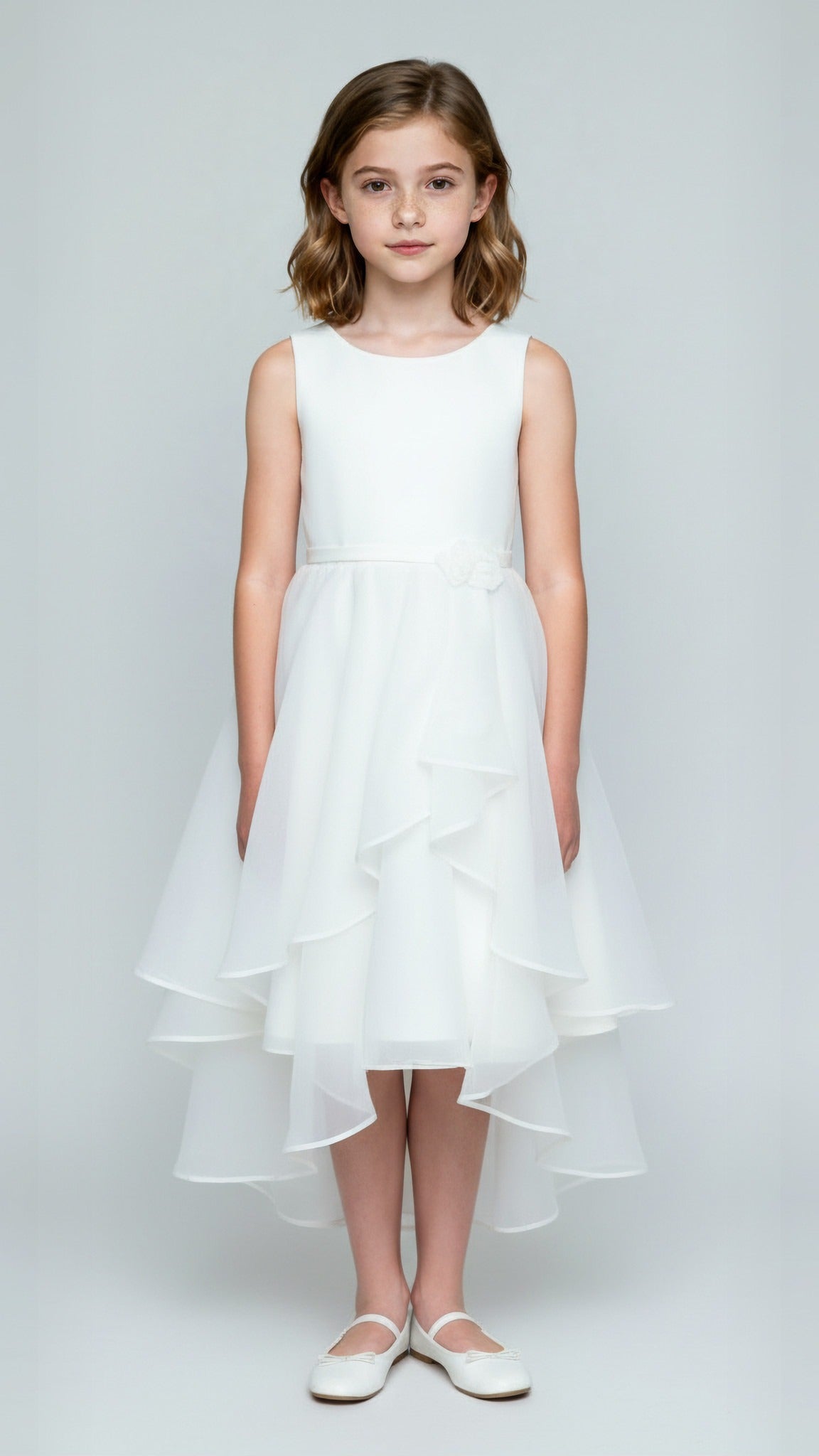 A smart, artistically patterned white dress for girl for any event