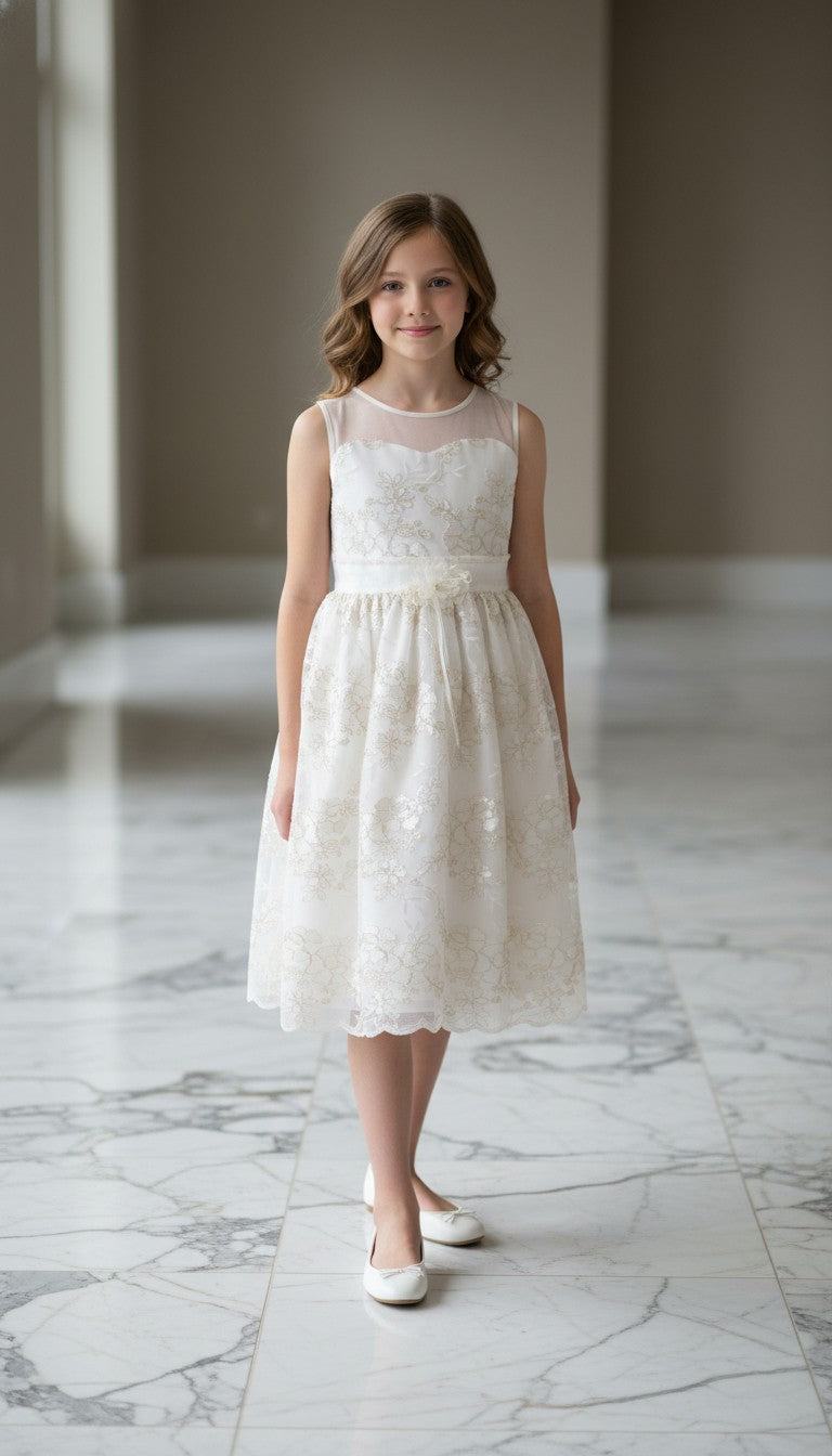A smart, artistically patterned dress with flowers for girl for any event