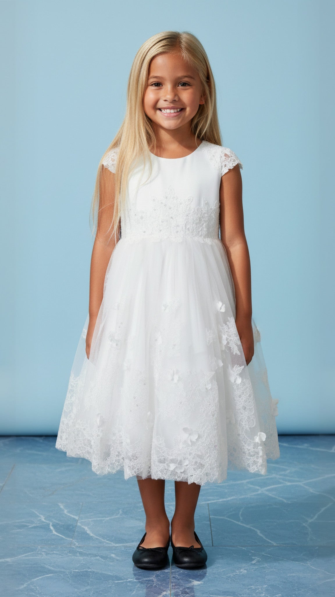 White dress with floral lace details for small girl